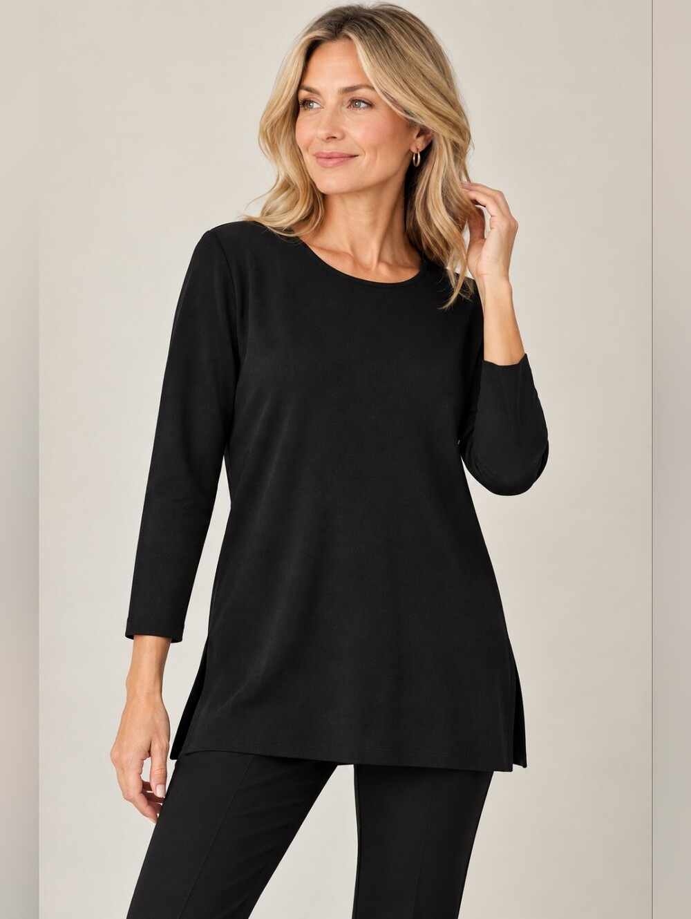 EXCLUSIVELY MISOOK BLACK LONG SLEEVE TUNIC TOP SIDE SLITS SZ L